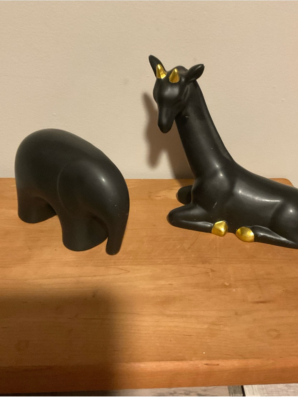 Matte Black Decorative Giraffe and Elephant Figurines with Gold Accents